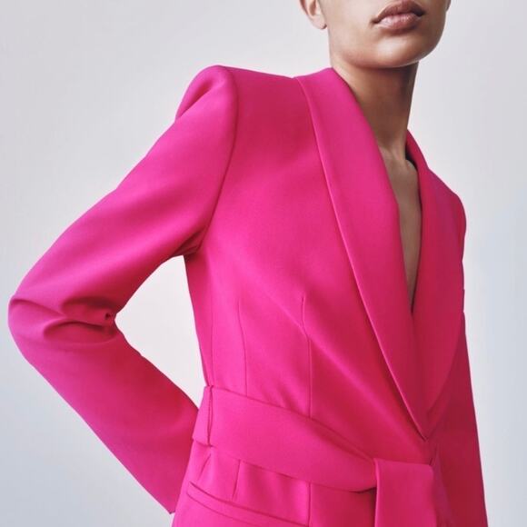 Zara Neon Fuchsia Hot Pink Tuxedo Collar Blazer Single Button Tie Waist Belted - Picture 2 of 11